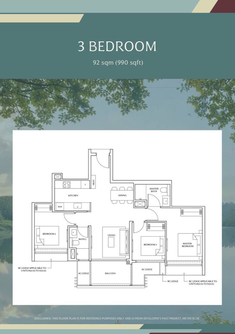 3 Bedroom reference floor plan, 92 sqm