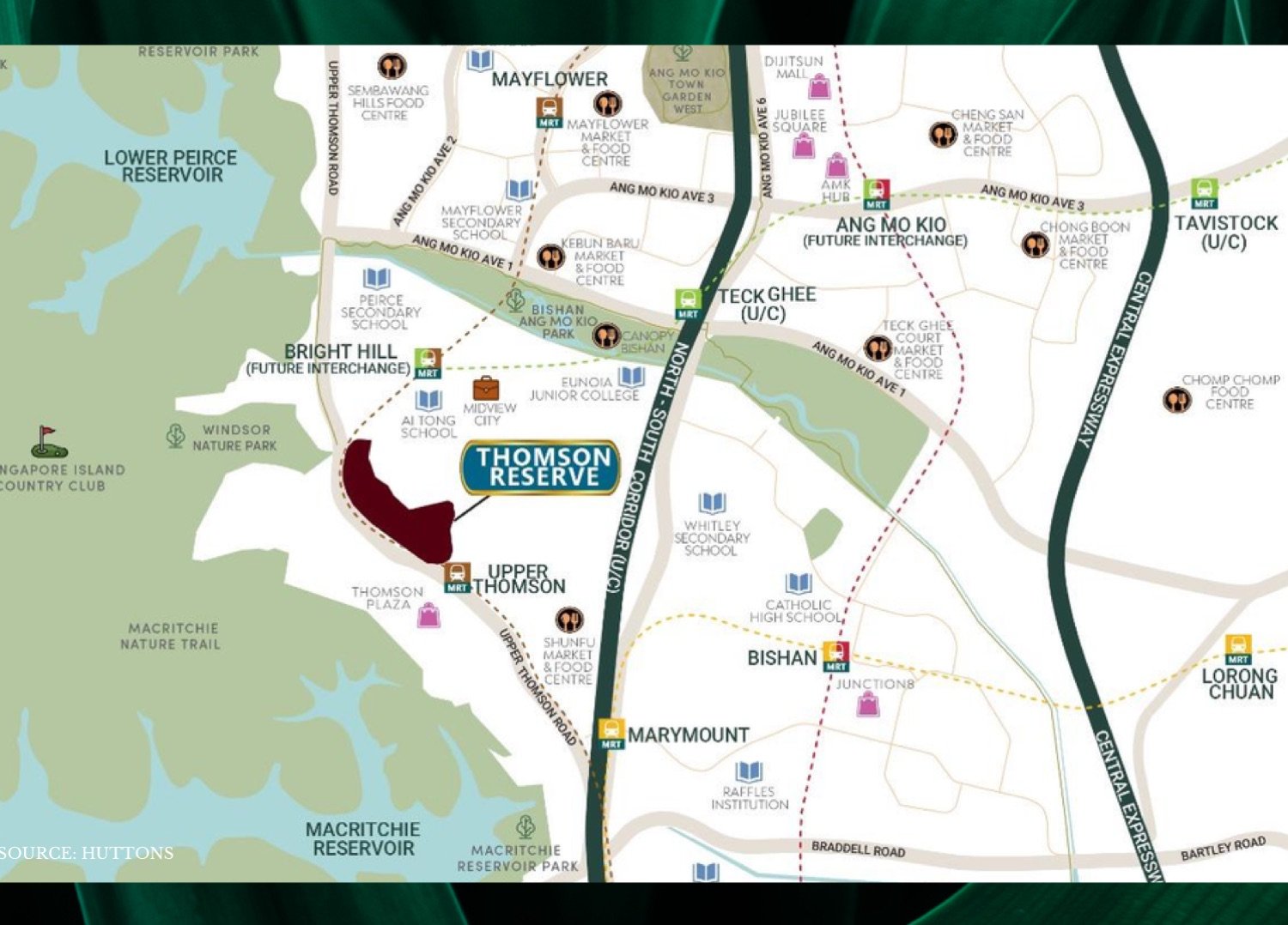 Thomson Reserve location map showing Upper Thomson, Bright Hill, MacRitchie and the surrounding schools and amenities